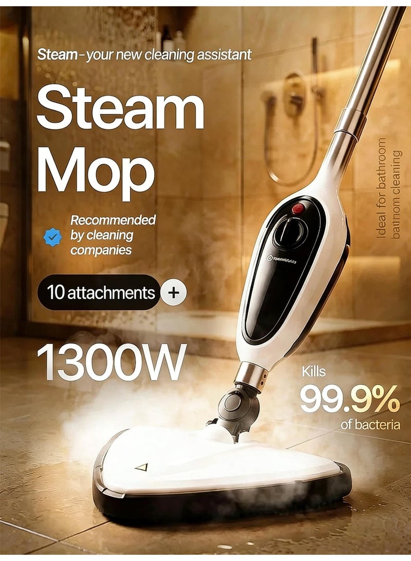 ممسحة بخار عالية الطاقة 1300 وات للأرضيات متعددة الأسطح (خشب / بلاط / سجاد) مع بخار قابل للتعديل ، تسخين سريع 18 ثانية ، خزان بصري 380 مللي ووظيفة العلاج بالروائح - Image 1